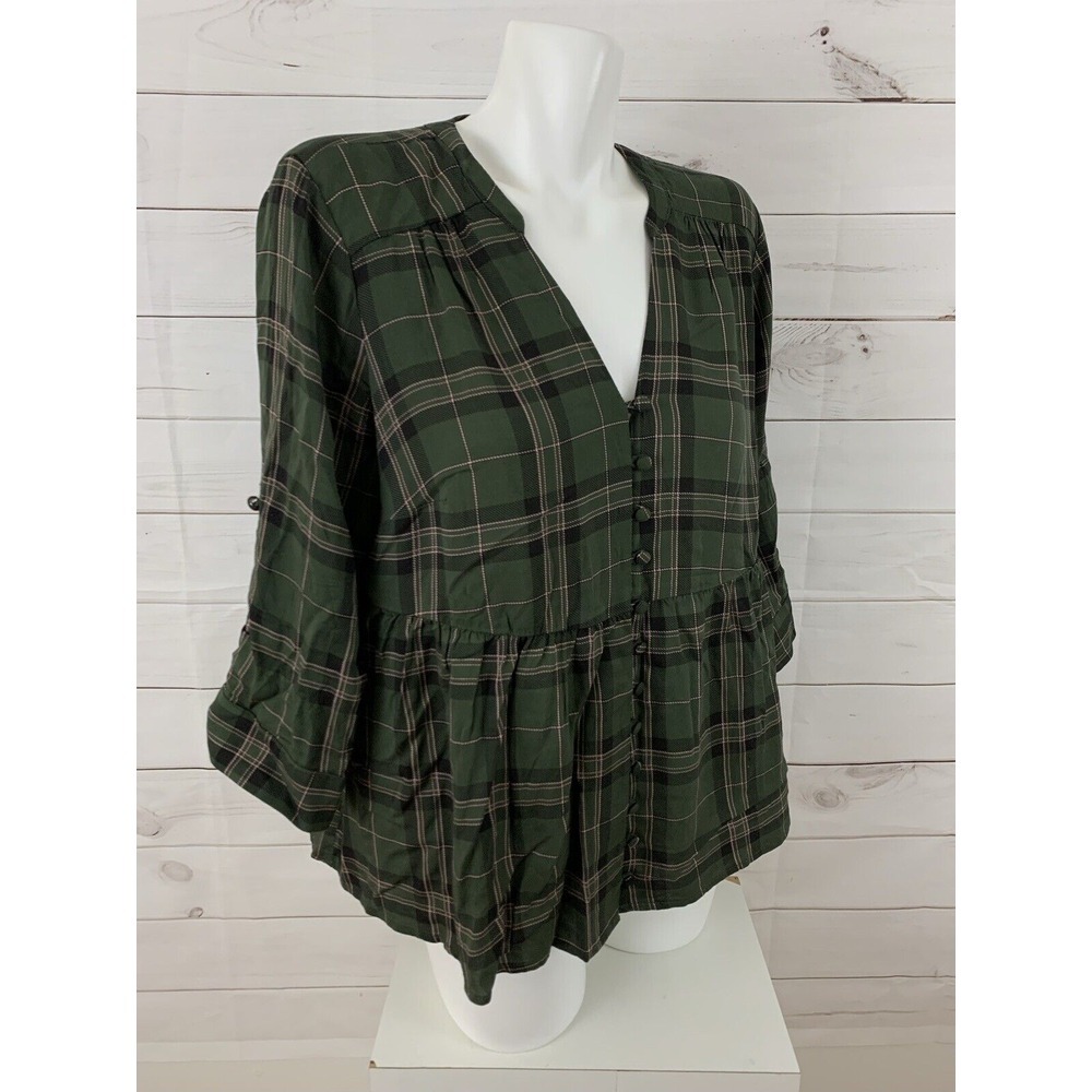 Torrid Womens 3/4 Sleeve Roll Tab Army Green Plaid Button Down Top Shirt Plus 00 - Picture 6 of 8